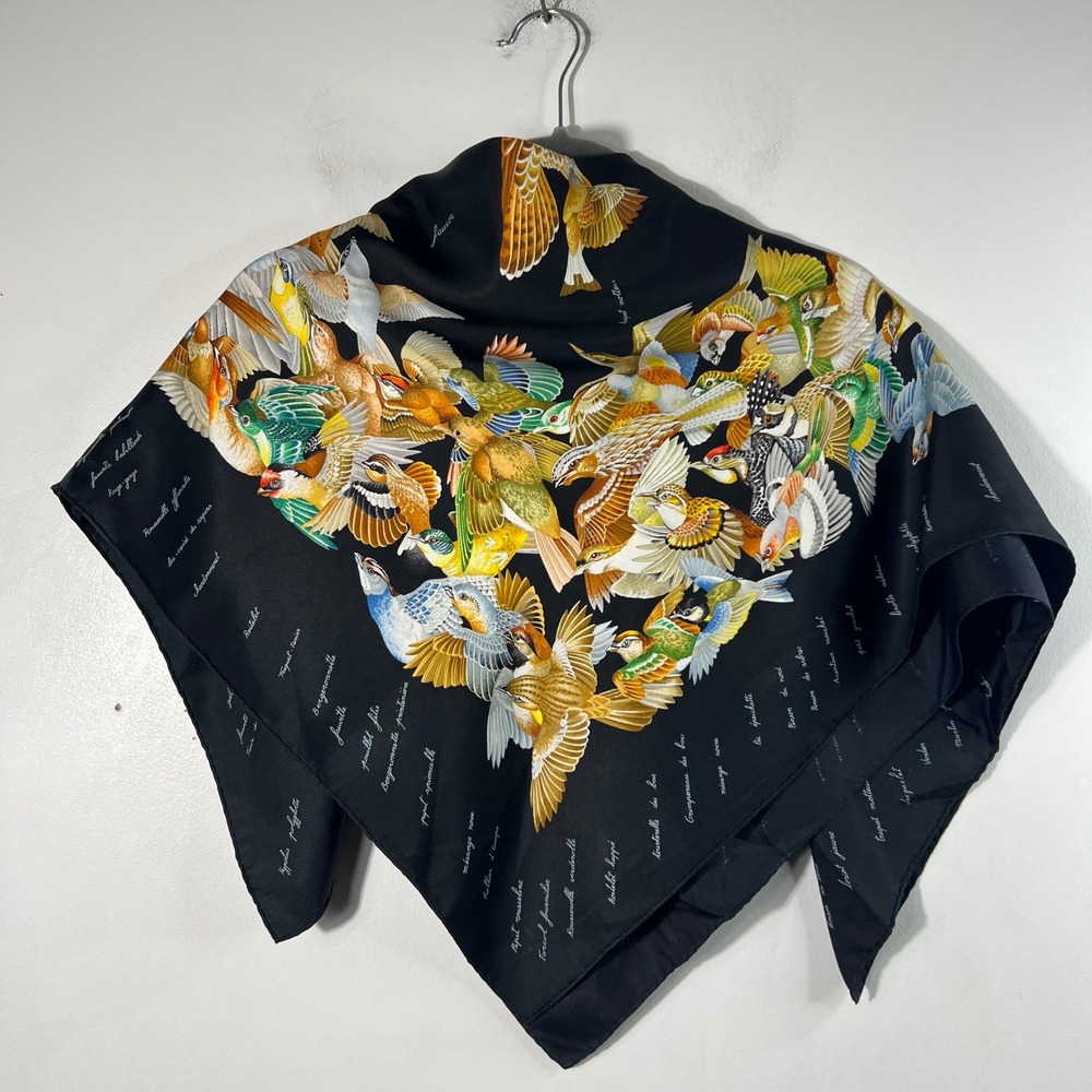 Hermes Paris L'intrus Silk Scarf Antoine de Jacquelot Black Bird Motif 34" Flaw
